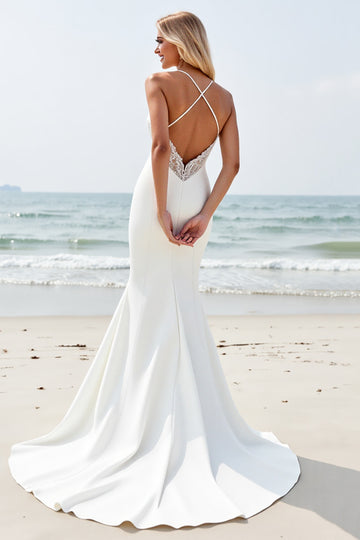 lvory Mermaid Spaghetti Straps Wedding Dress with Slit
